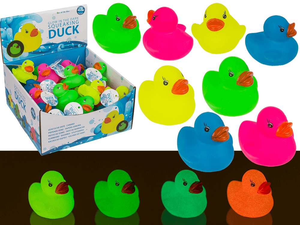 20-1109_000.png Mini rubberen eendjes in vier fluorescerende kleuren, 6 x 5,5 cm, met een display van 36 stuks.