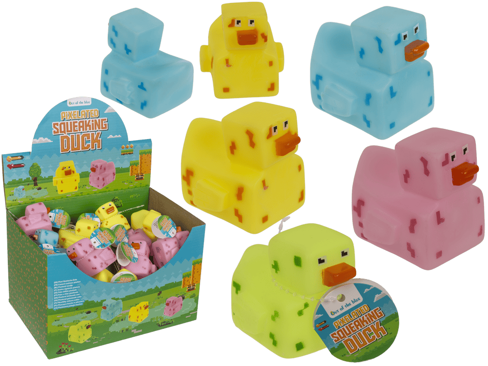 Pixelated rubberen eend in vier kleuren, 6 x 5,5 cm, met piepgeluid. 36 stuks per display.