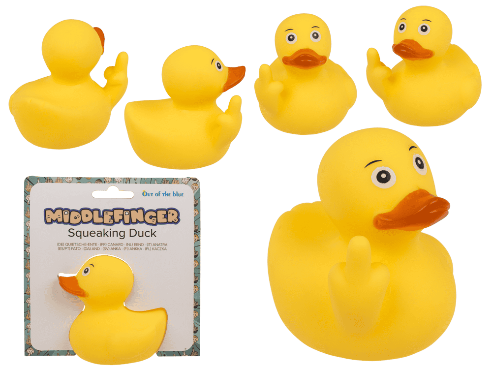 Geel rubberen eend met middelvinger, ca. 8 cm, verpakt in polybag met hangtag. Geschikt voor bad- en lichaamsverzorging.