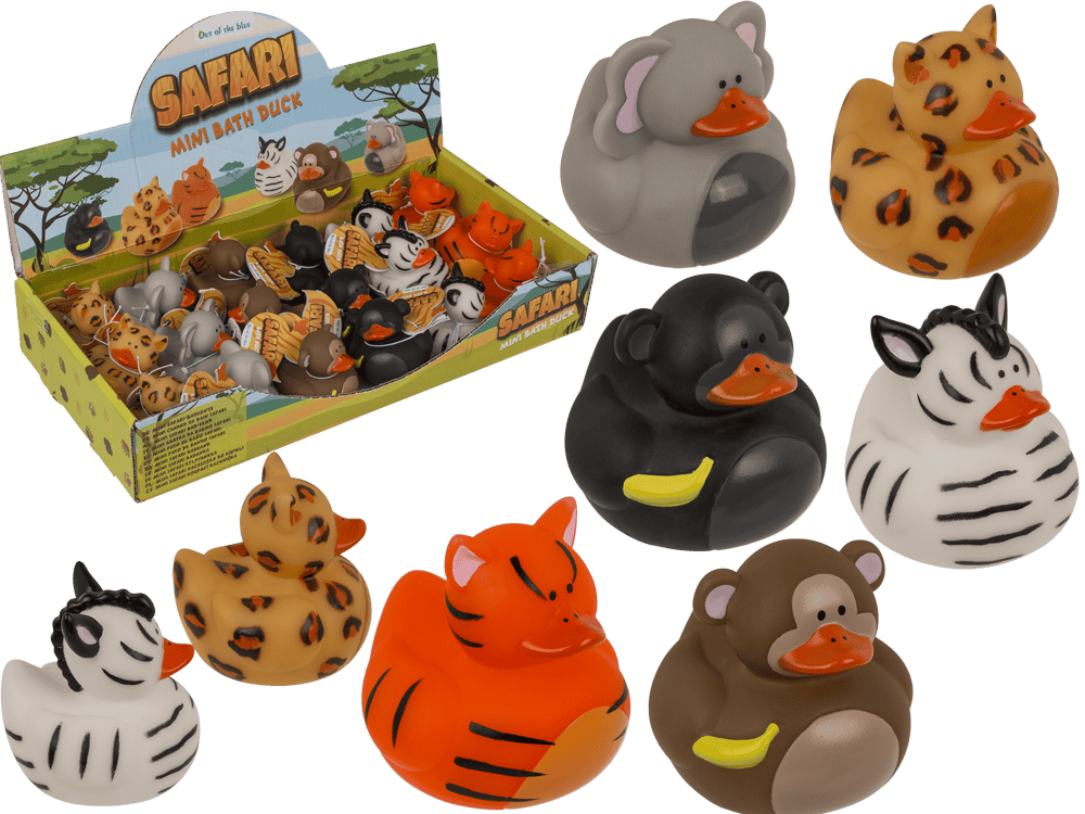 Mini rubberen eendjes in safari-thema, 18 stuks in display, variërend in kleuren en dierenprints, 6 x 5 cm.