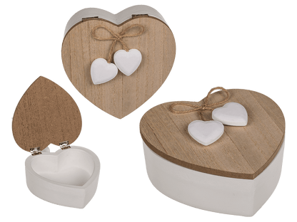 White heart shaped wooden box with wooden