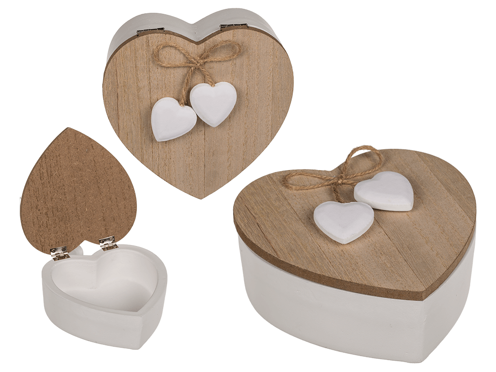 White heart shaped wooden box with wooden