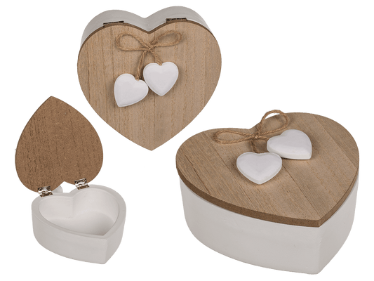 White heart shaped wooden box with wooden