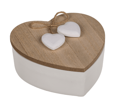 White heart shaped wooden box with wooden