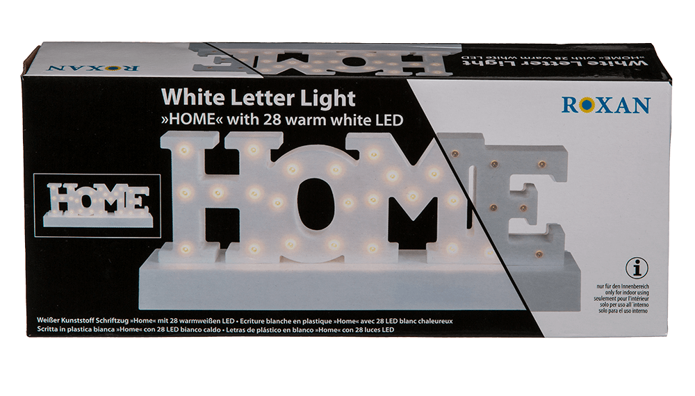 White plastic letter light, Home,