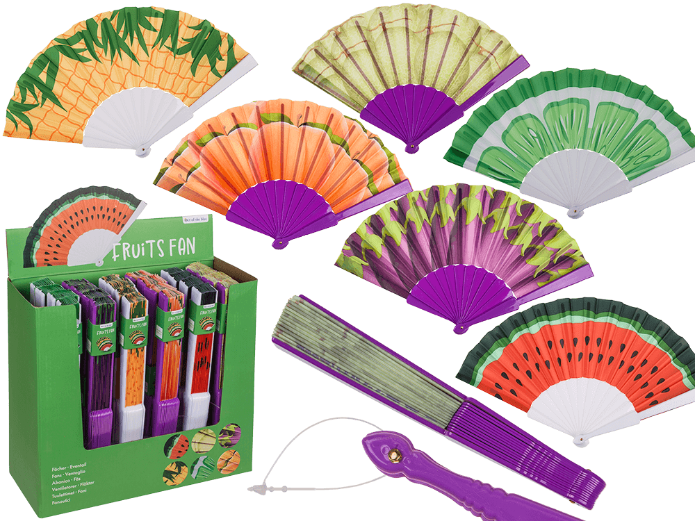 Plastic fan, fruits,