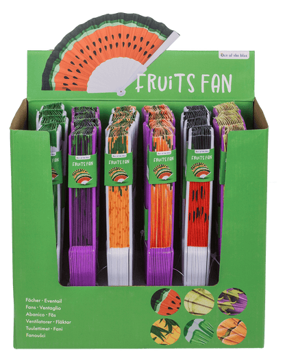 Plastic fan, fruits,