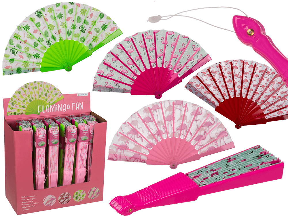 Plastic fan, flamingos,