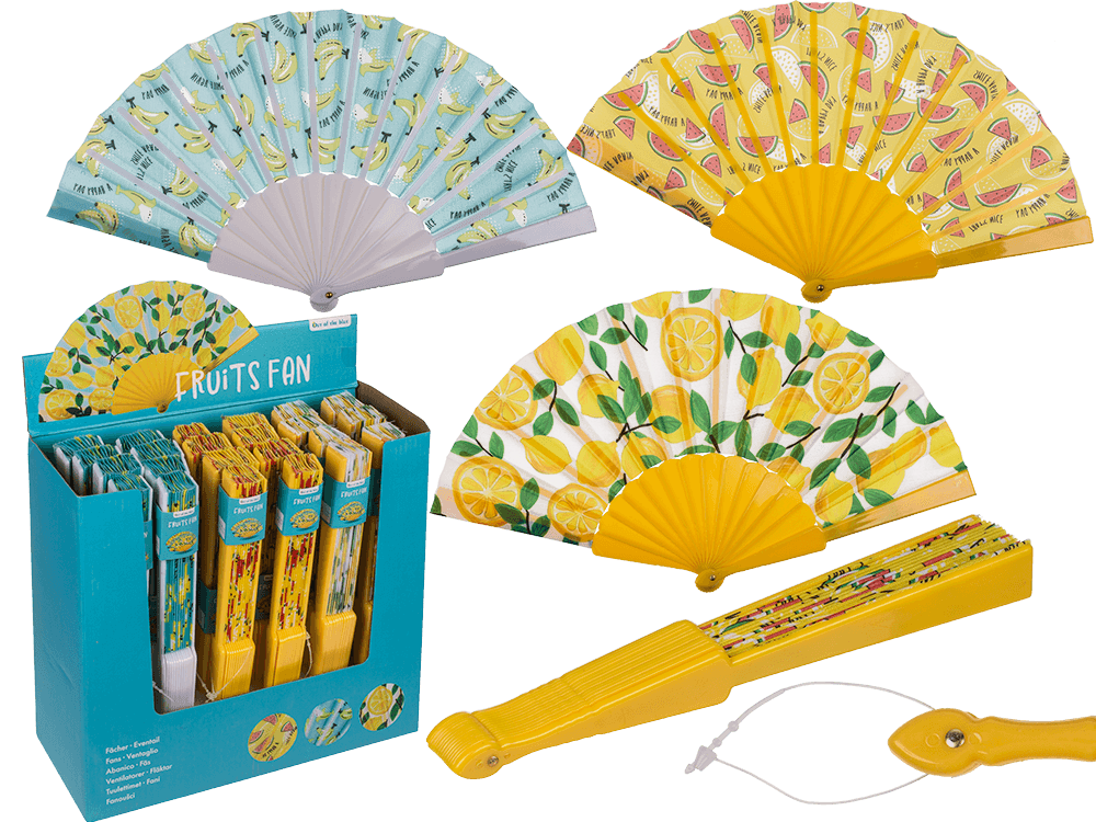 Plastic fan, fruits,