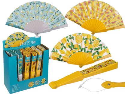 Plastic fan, fruits,