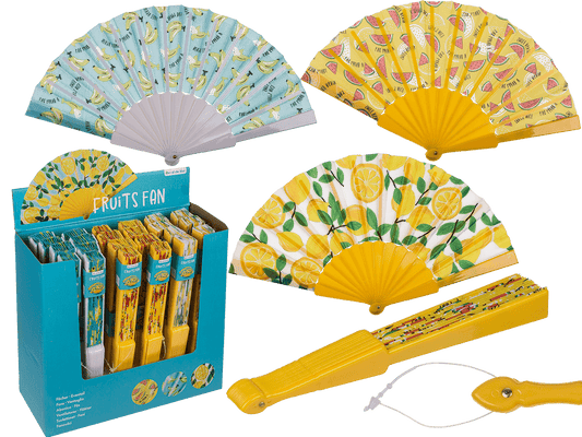 Plastic fan, fruits,