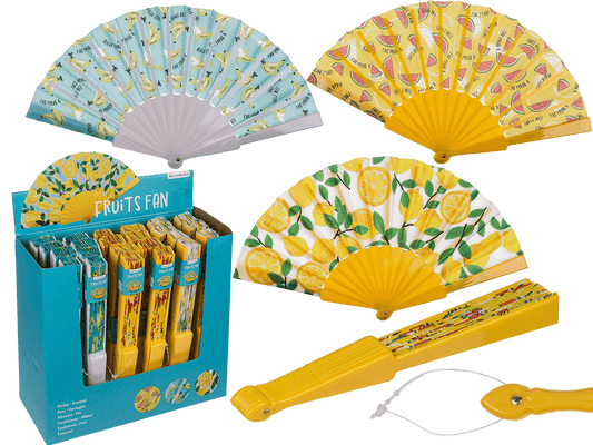 Plastic fan, fruits,