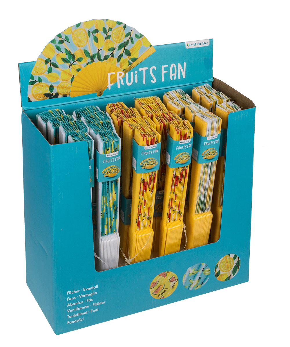 Plastic fan, fruits,