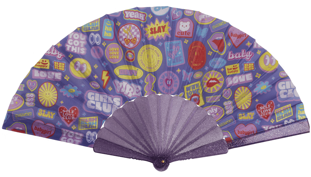 Plastic fan, Girly Glitter, 23 x 40 cm,