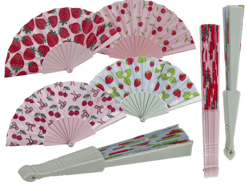 Plastic fan, cherries & strawberries, 23 x 40 cm,