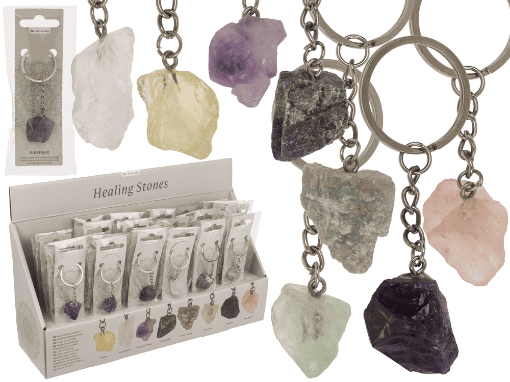 24-1190_000.png Metaal sleutelhanger met chakra kristallen, 2 cm, 8 varianten, 24 stuks per display op kaart.