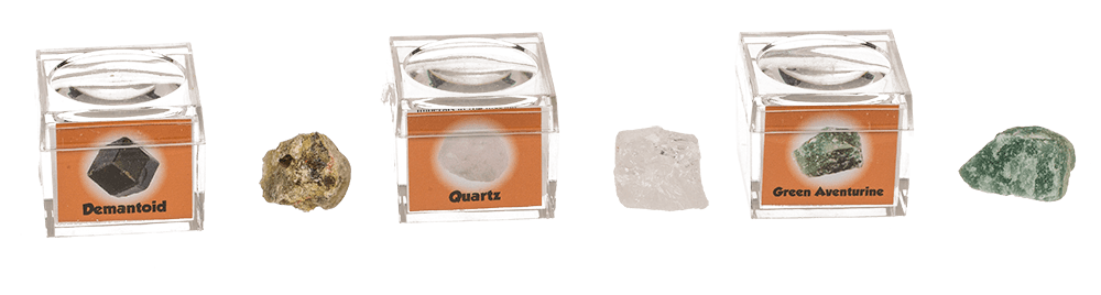 Mineral stones, in magnifying box with booklet,