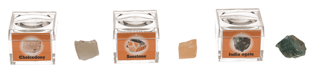 Mineral stones, in magnifying box with booklet,