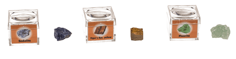 Mineral stones, in magnifying box with booklet,