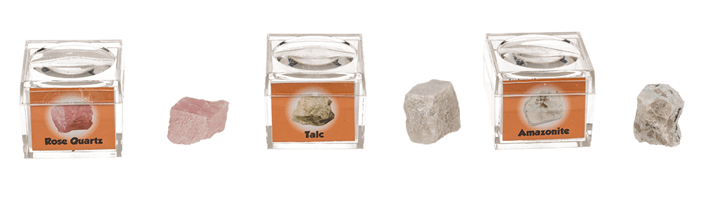 Mineral stones, in magnifying box with booklet,