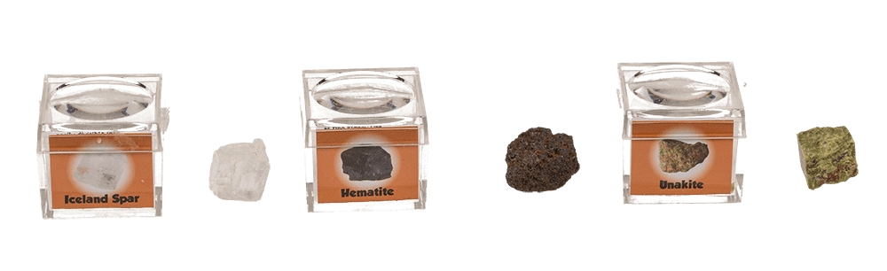 Mineral stones, in magnifying box with booklet,