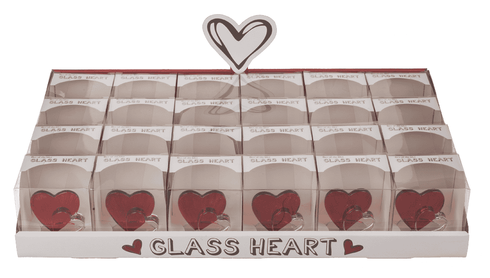 Glass heart, 4,5 cm, 2 colours ass., in PET box,