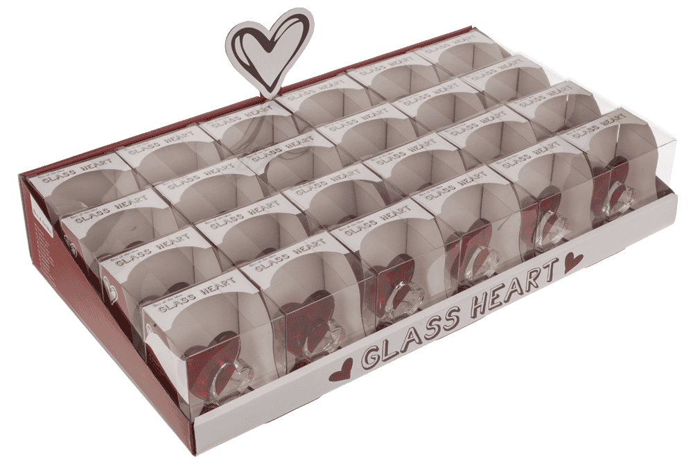 Glass heart, 4,5 cm, 2 colours ass., in PET box,