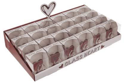 Glass heart, 4,5 cm, 2 colours ass., in PET box,