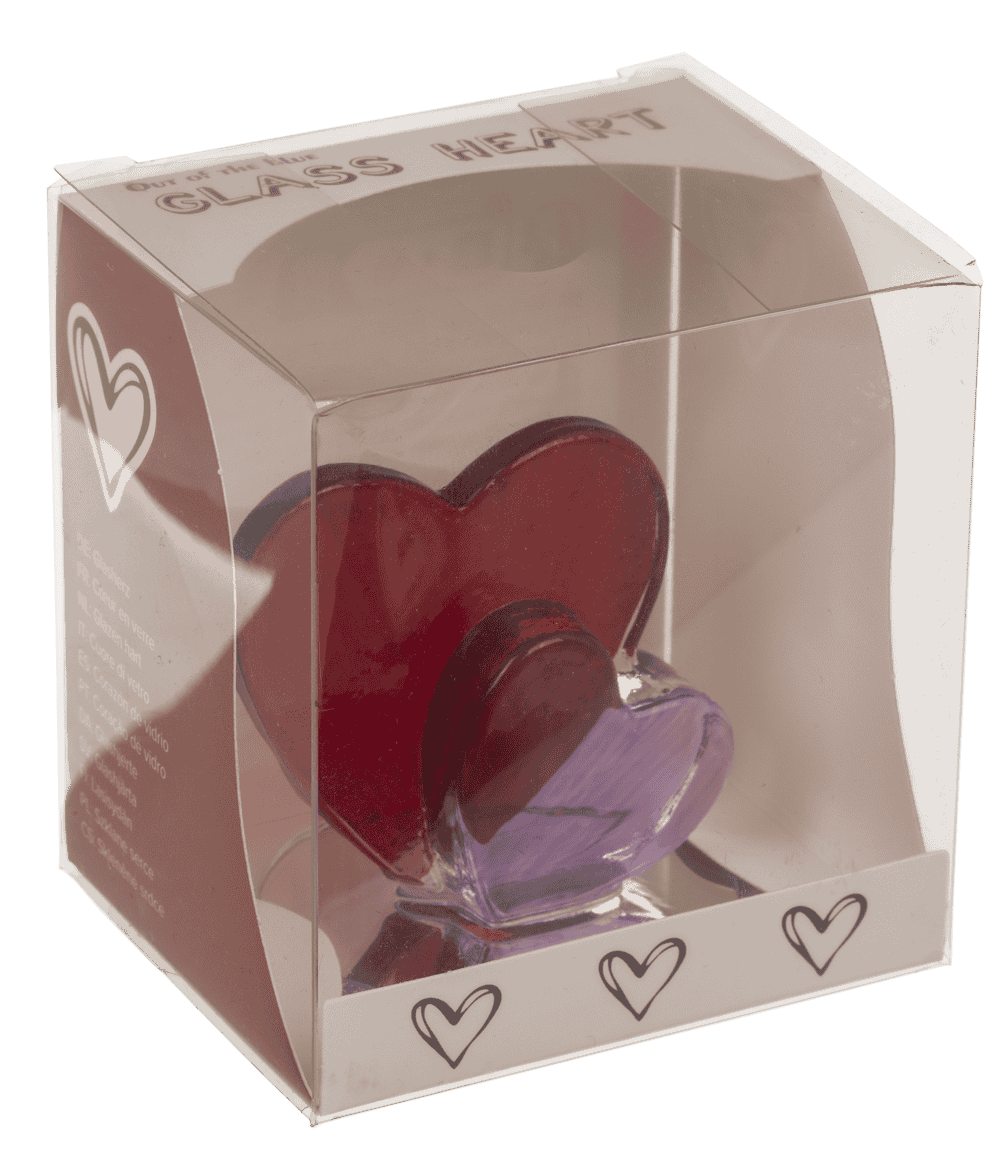 Glass heart, 4,5 cm, 2 colours ass., in PET box,