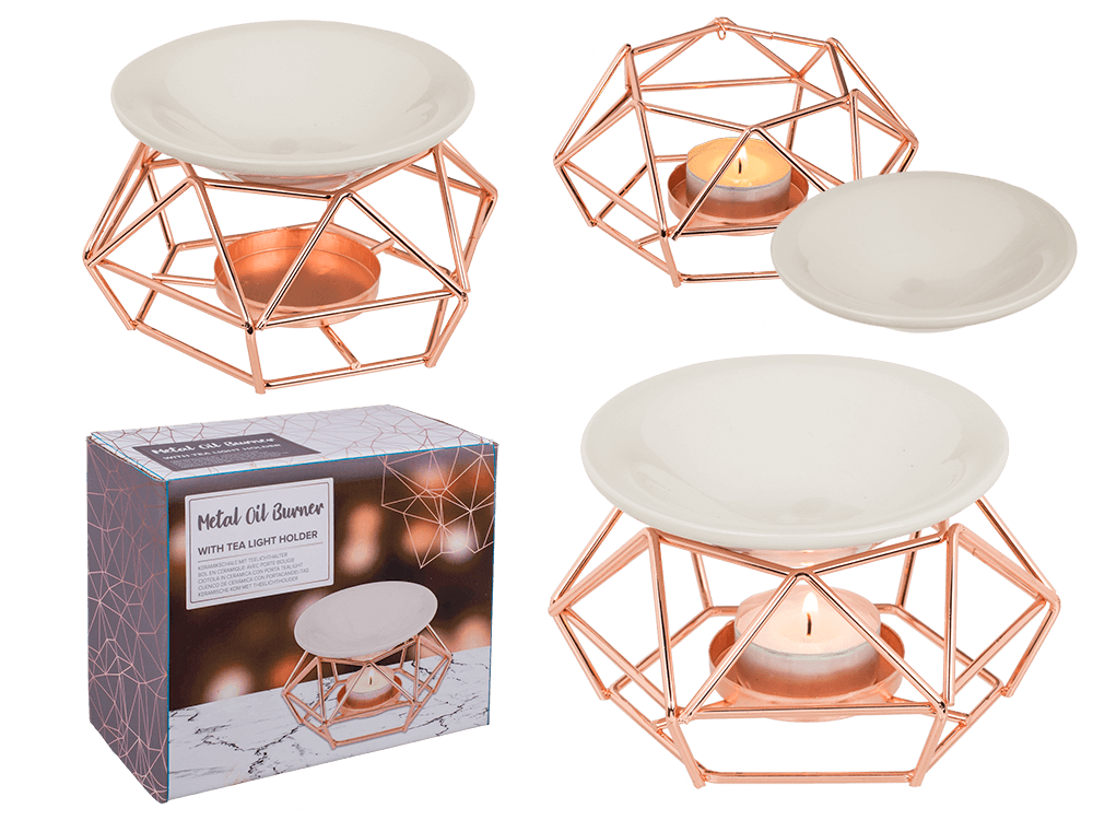 Ceramic bowl on rose gold metal frame,