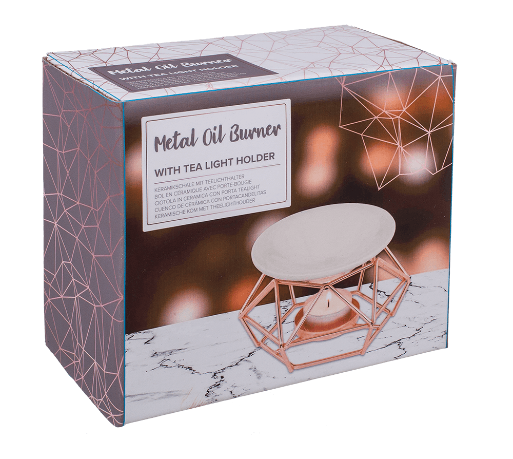 Ceramic bowl on rose gold metal frame,