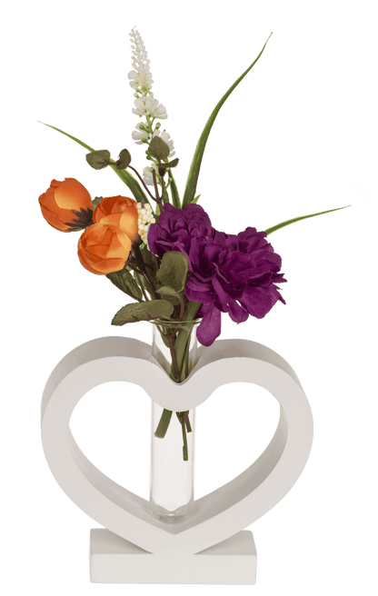 White MDF heart with glass tube, 15 x 12 cm