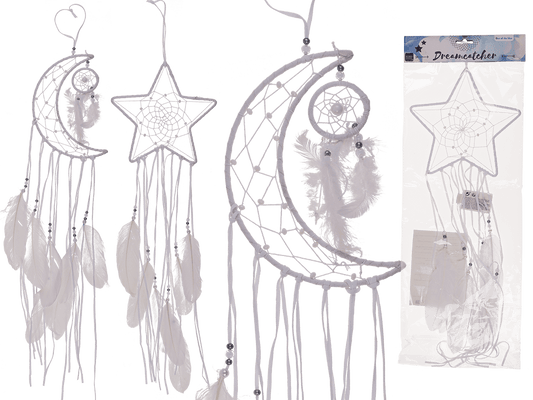 White coloured fabric Dreamcatcher, Moon and Star,