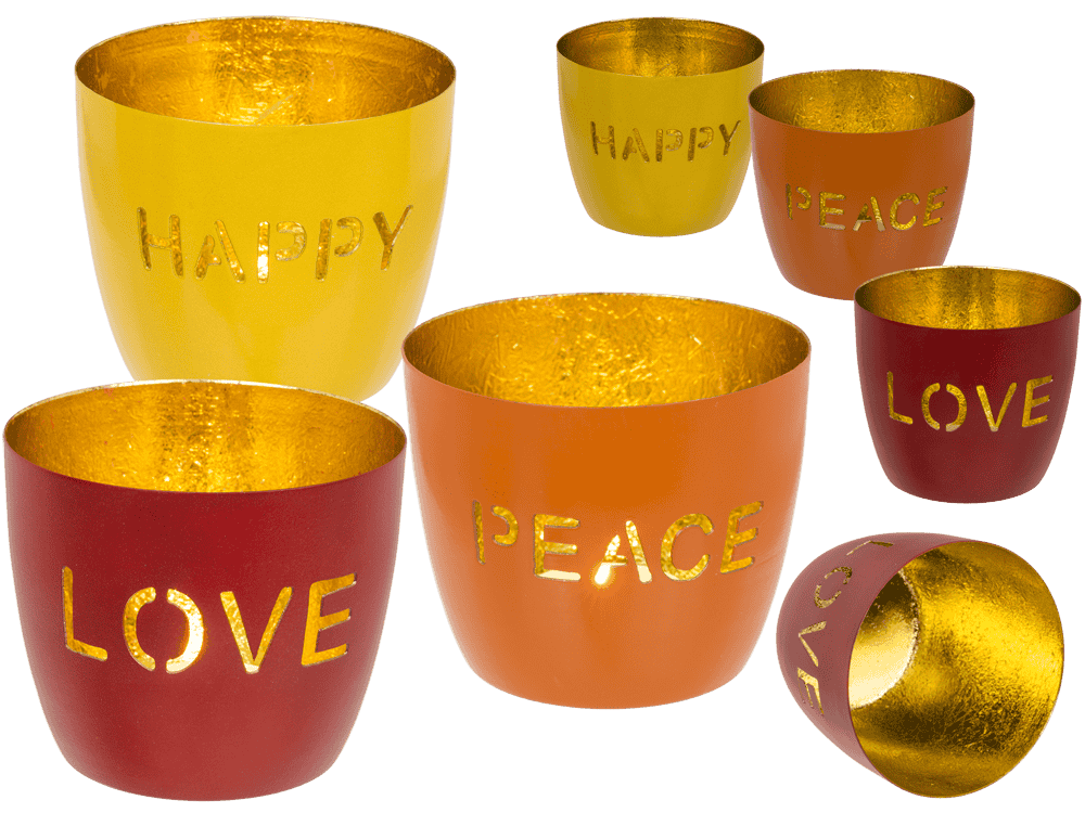 Metal tealight holder, Peace/Happy/Love,