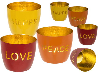 Metal tealight holder, Peace/Happy/Love,