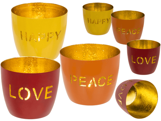 Metal tealight holder, Peace/Happy/Love,