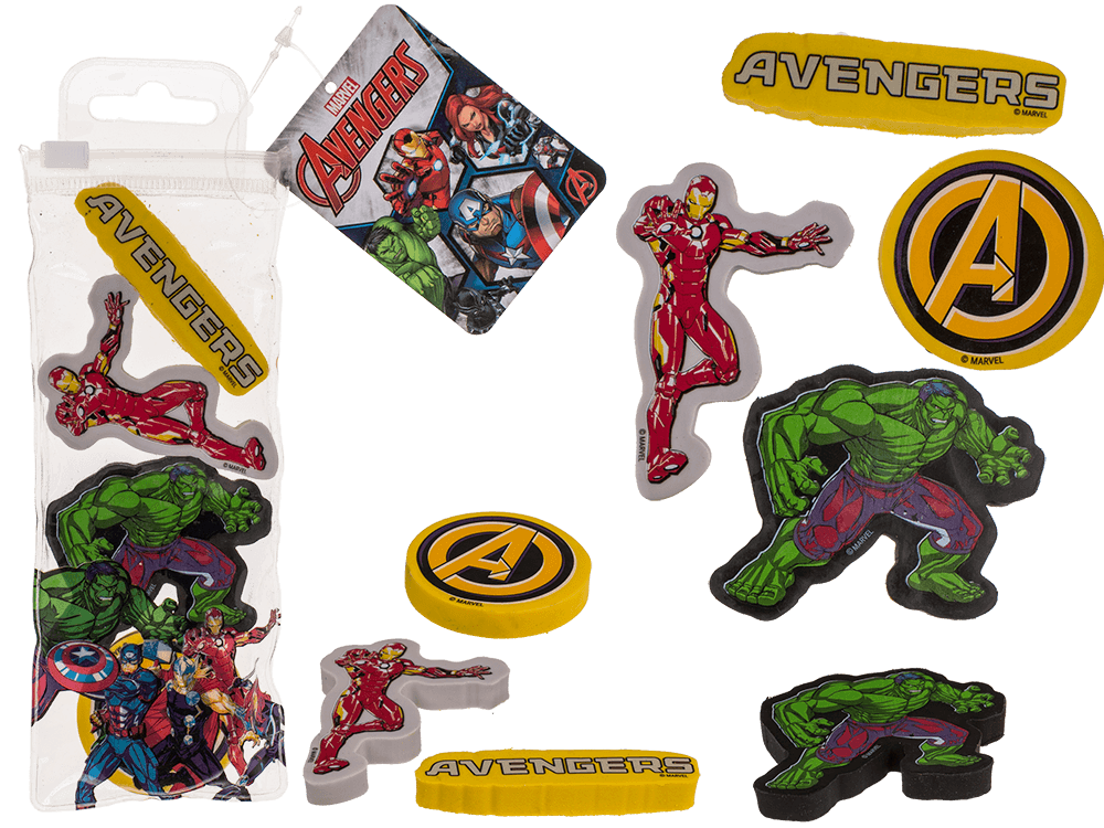 29-2708_000.png Set van 4 Avengers-gummen met afbeeldingen van Iron Man, Hulk en het Avengers-logo, verpakt in een doorzichtige zak.