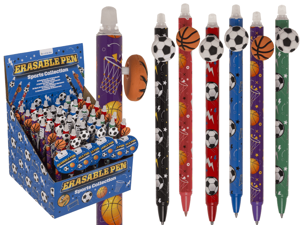 29-2791_000_dc49a99d-f044-4b3b-ac0d-26dc3f96d7e7.png Erasable pennen in voetbal- en basketbalthema, 14,5 cm, 6 kleuren, 36 stuks per display.