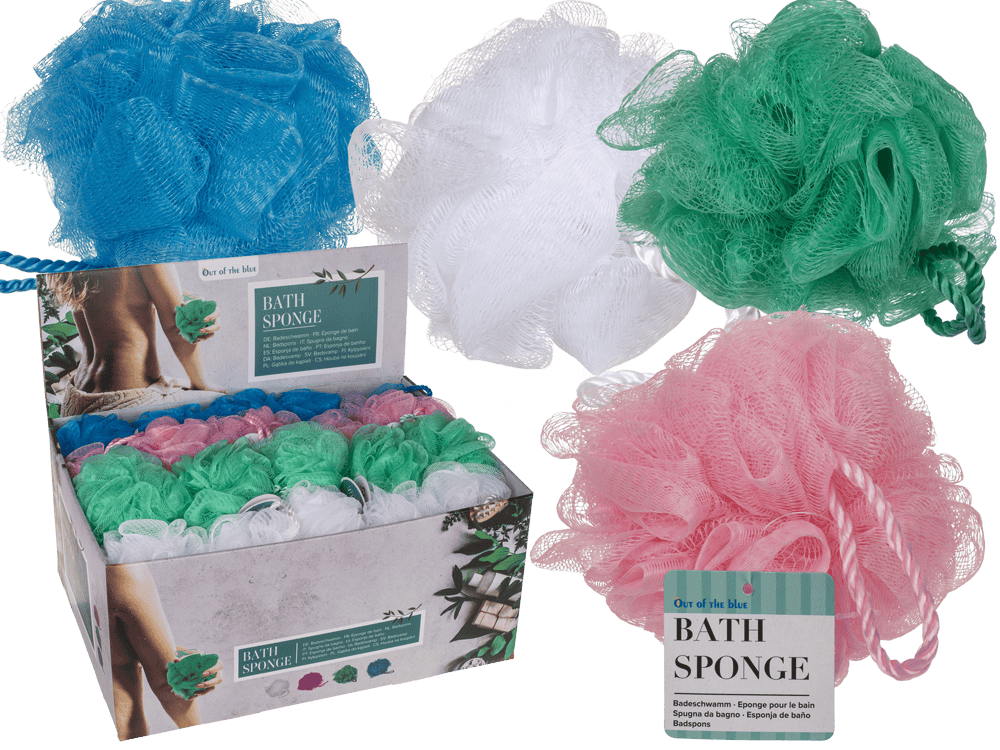 31-4030_000.png Bad sponsen in vier kleuren (blauw, groen, wit, roze), 12 cm, 40 stuks per display. Geschikt voor bad- en lichaamsverzorging.