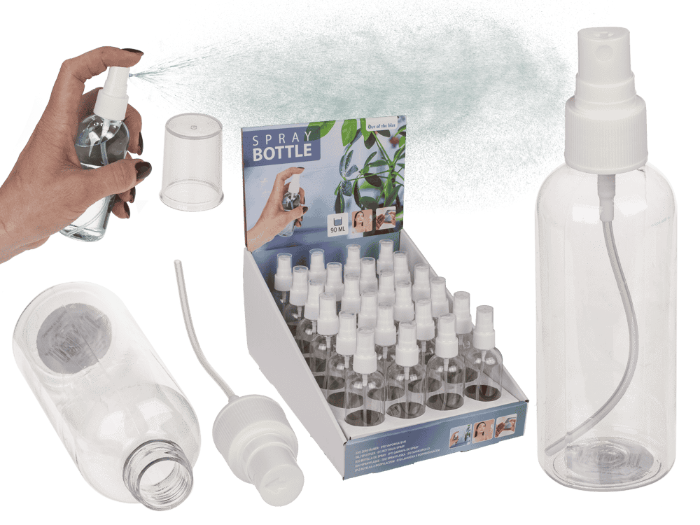 Transparante sprayfles van 100 ml, ca. 13 cm hoog, met spraykop, 24 stuks per display.