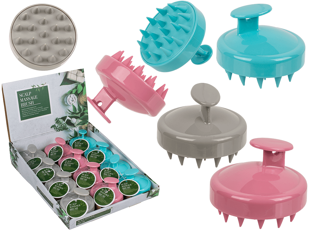 Scalp massage borstels in drie kleuren (roze, blauw, grijs) van siliconen en ABS, 7 x 7 x 5,5 cm, 12 stuks per display.