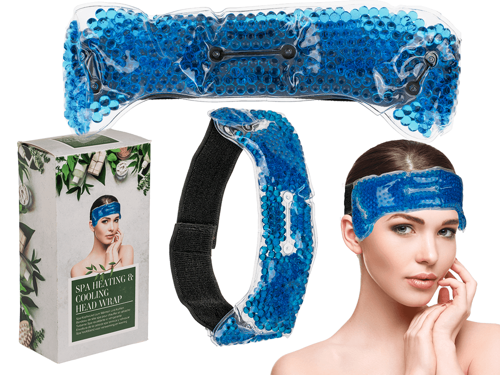 Blauwe spa verwarmende en verkoelende hoofdband van ca. 32 x 9,5 cm in een kleurige geschenkdoos.