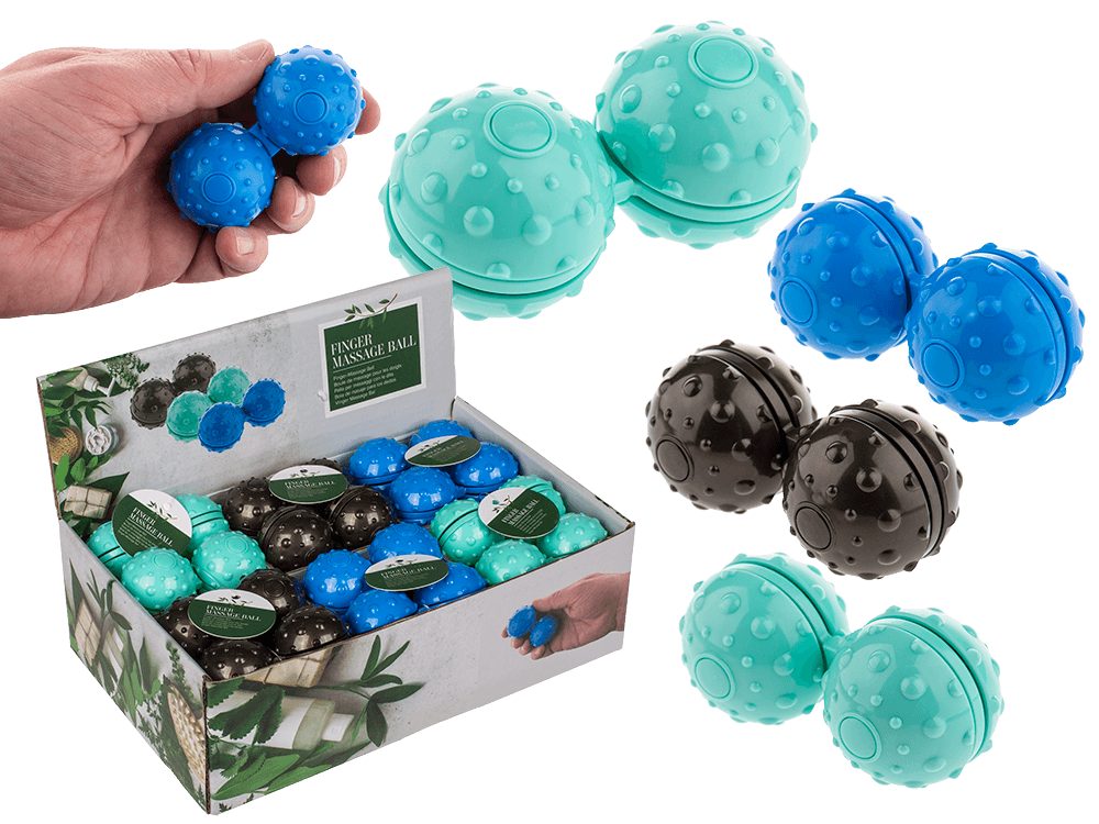 31-4068_000.png Vinger massageballen in blauw, groen en zwart, 7,2 x 3,8 cm, 24 stuks in een displaydoos.