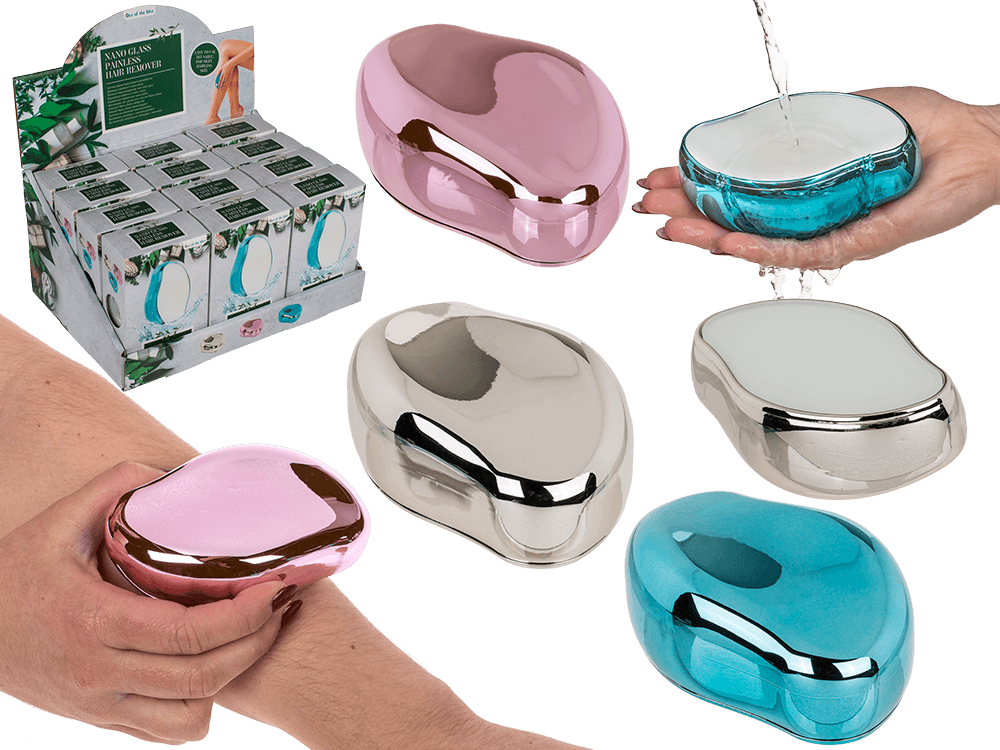 31-4075_000.png Nano Glass Painless Hair Remover in roze, zilver en blauw, met display van 12 stuks, ca. 11 x 7 cm.