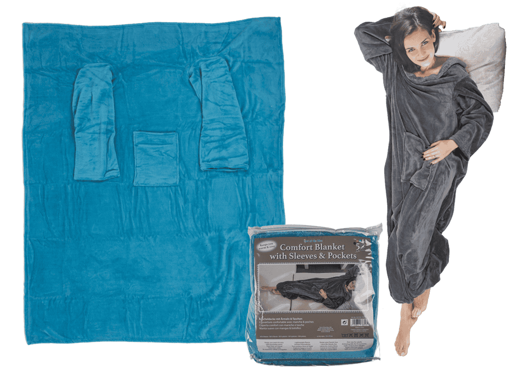 Blue comfort blanket with sleeves & pockets,