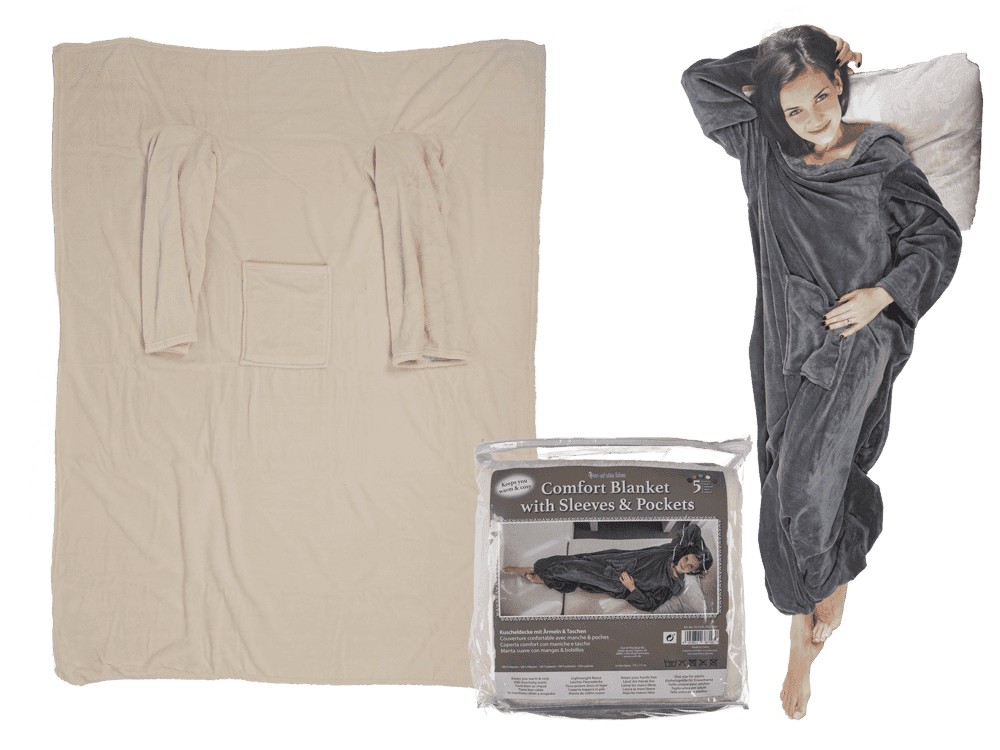 Beige comfort blanket with sleeves & pockets,