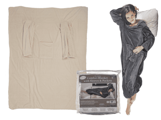 Beige comfort blanket with sleeves & pockets,