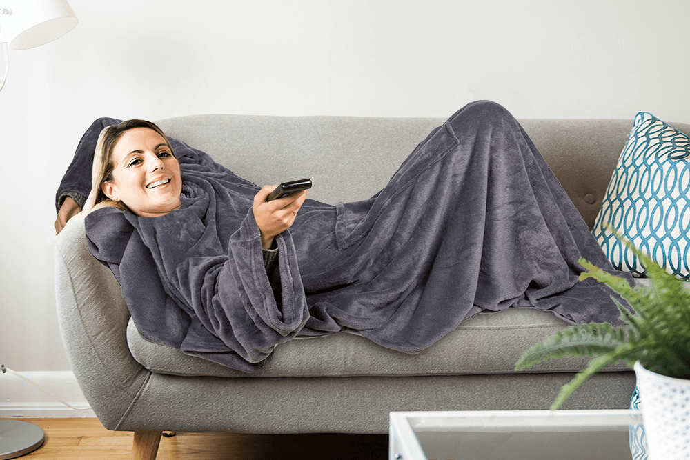 Grey comfort blanket with sleeves & pockets,