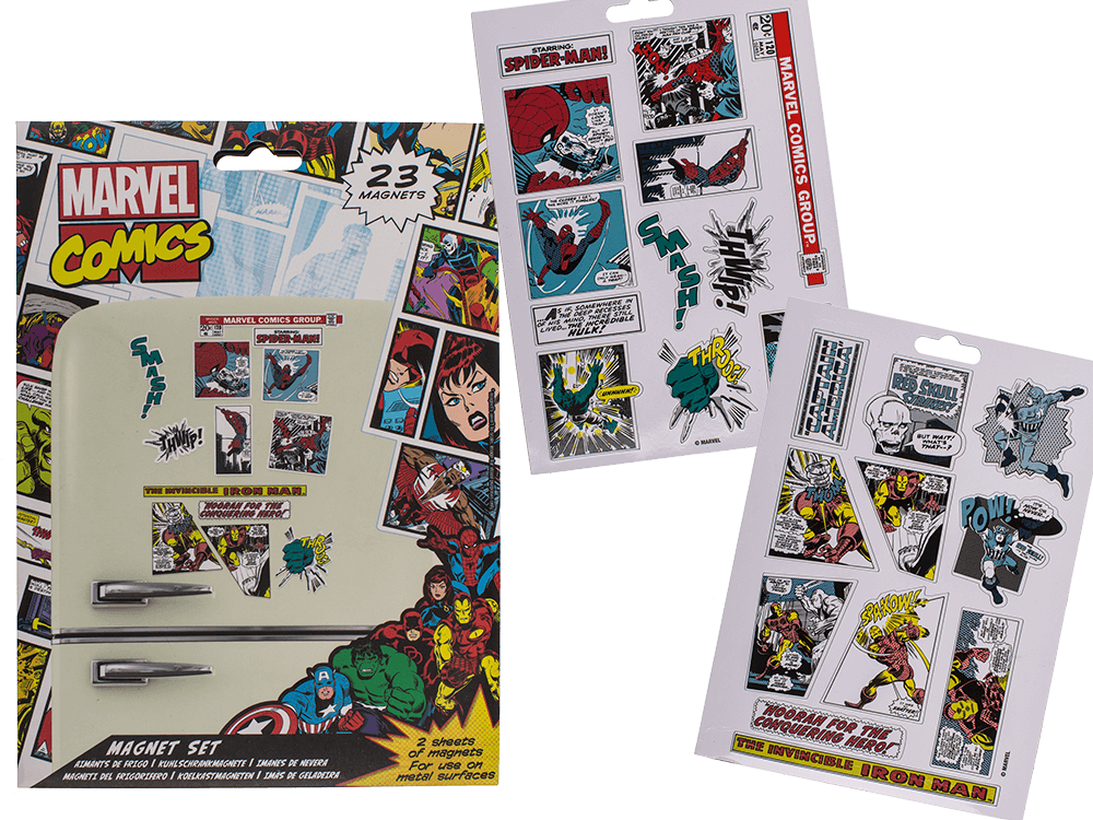 33-5967_000.png Set van 23 Marvel-helden magneten met kleurrijke strips en iconische personages zoals Spider-Man en Iron Man.