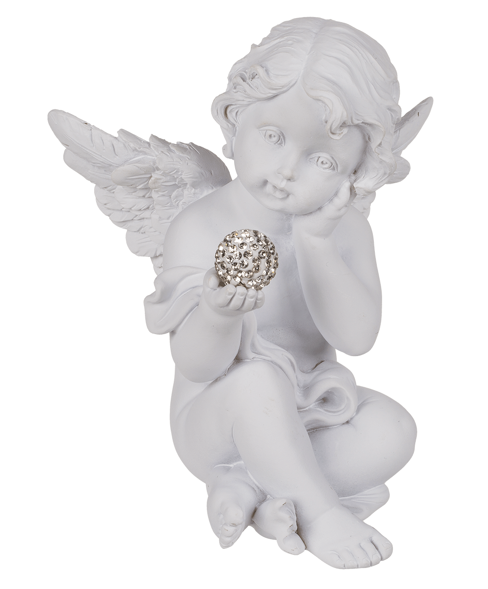 White, sitting Polyresin Angel with Crystal Deco,